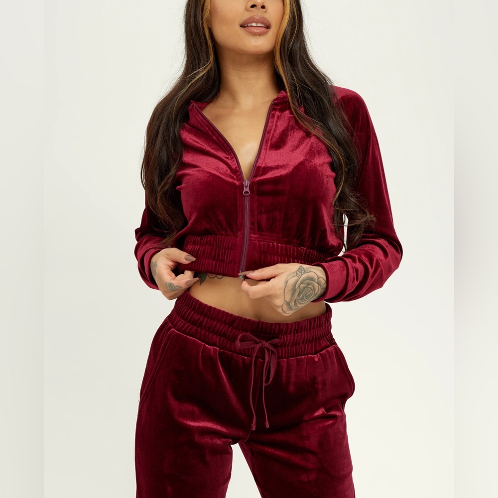 Wine Red Velour Crop Top Zip Up and Jogger Pants Set